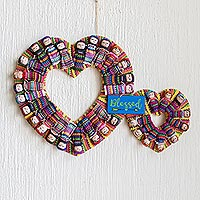 Cotton worry doll wreath, 'Hearts are Blessed' - Handmade Guatemalan Worry Doll Double Heart Wreath