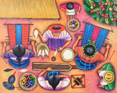 'Life in My Village' - Naif Folk Painting of Maya Women Working at Home