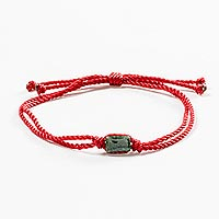 Jade unity bracelet, 'Teamwork Together' - Green Jade & Red Cord Unity Bracelet from Guatemala