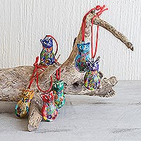 Ceramic ornaments, 'Festive Cats' (set of 6) - Festive Hand Painted Ceramic Cat Ornaments (Set of 6)