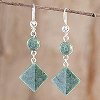 Jade dangle earrings, 'Ancient Diamonds in Green' - Light Green Jade Geometric Dangle Earrings