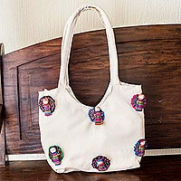 Cotton shoulder bag, 'Union' - Off-White Shoulder Bag with Worry Dolls