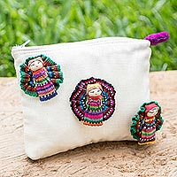 Cotton cosmetics bag, 'Travel Companions' - Artisan Crafted Worry Doll Cosmetic Bag
