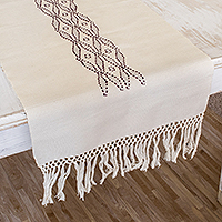 Cotton table runner, 'Coban Diamonds in Currant' - Hand Crafted Ivory Cotton Table Runner