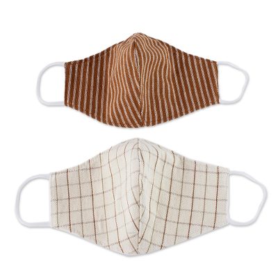 Natural cotton face masks, 'Earth Tones' (pair) - 2 Natural Undyed Brown and Ivory Cotton 2-Layer Masks
