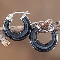 Jade hoop earrings, 'Zacapa Midnight' - Handmade Black Jade Hoop Earrings