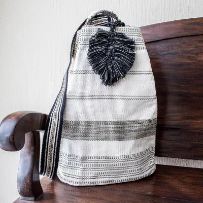 Cotton shoulder bag, 'Flowing River in Black' (15 inch) - Striped Black and Off-White Shoulder Bag (15 Inch)
