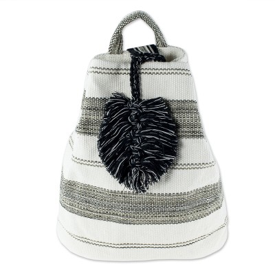 Cotton shoulder bag, 'Flowing River in Black' (12 inch) - All-Cotton Black and Off-White Shoulder Bag (12 Inch)
