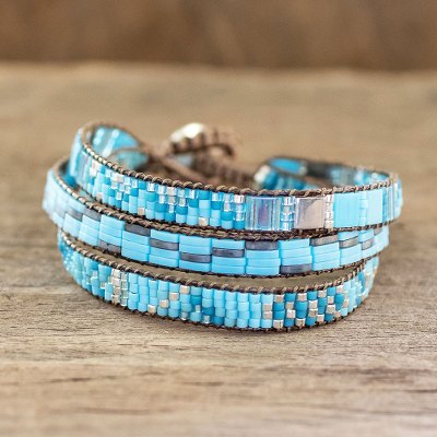 Beaded wristband bracelet, 'Solola Sky' - Sky Blue Beaded Bracelet from Guatemala