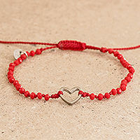 Beaded macrame pendant bracelet, 'Love is Everywhere' - Beaded Red Cord Bracelet with Heart Pendant