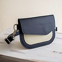 Leather shoulder bag, 'Practical Beauty' - Compact Navy and Ivory Leather Shoulder Bag