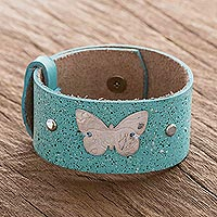 Leather and sterling silver wristband bracelet, 'Butterfly Medallion' - Blue Leather Wristband Bracelet with Butterfly