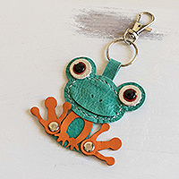 Leather key fob, 'Green Froggy' - Leather Frog Key Fob from Costa Rica
