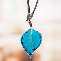 Art glass pendant necklace, 'Blue Leaf' - Unique Fused Glass Leaf Necklace