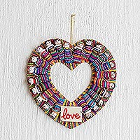 Cotton wreath, 'Amor' - Hand-Loomed Cotton Worry Doll Heart Wreath From Guatemala