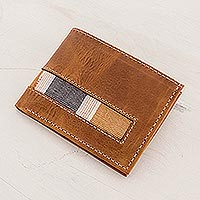 Leather and cotton wallet, 'Weathered Honey' - Bifold Wallet in Brown Leather and Cotton