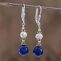 Cultured pearl and lapis lazuli dangle earrings, 'Blue and White' - Lapis Lazuli and Cultured Pearl Earrings