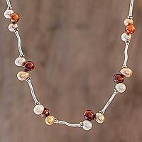 Cultured pearl link necklace, 'Study in Bronze' - Sterling and Cultured Pearl Link Necklace