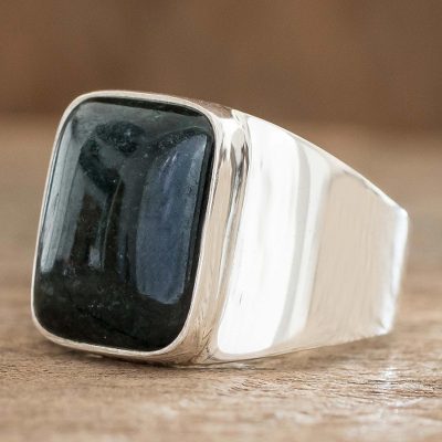 Men's jade single stone ring, 'Virtue in Dark Green' - Dark Green Jade Men's Statement Ring from Guatemala