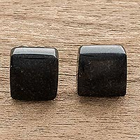 Jade stud earrings, 'Midnight Perfection' - Minimal Square Cut Black Jade Stud Earrings from Guatemala