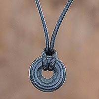 Jade pendant necklace, 'Circle of Love in Black' - Adjustable Black Jade Necklace
