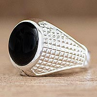 Men's jade ring, 'Pius in Black' - Men's Textured Black Jade Band Ring from Guatemala