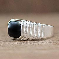 Men's jade ring, 'Magnanimous in Black' - Men's Squared Bezel Black Jade Band Ring from Guatemala