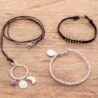Fine silver and amethyst jewelry set, 'Jumay Magic' (3 pieces) - Leather and Fine Silver Jewelry Set with Amethyst (3 Pieces)