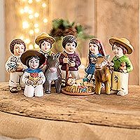 Ceramic nativity scene, 'Bethlehem' (9 pieces) - Nativity Scene Ceramic Figurines from El Salvador (9 Pieces)