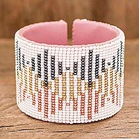 Beaded leather cuff bracelet, 'Positive Transformation' - Handmade Beaded Cuff Bracelet