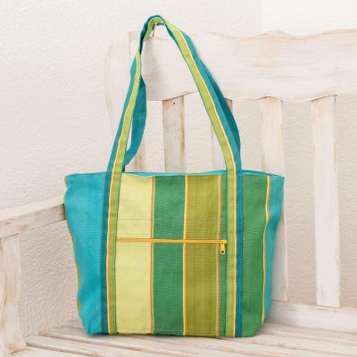 Cotton shoulder bag, 'Island Stripe in Green' - Handloomed Cotton Shoulder Bag