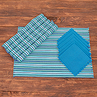 Cotton table linen set, 'Tecpan Tradition' (set for 6) - Blue Table Linen Set (Set for 6)