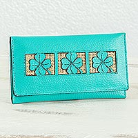 Leather wallet, 'Turquoise Lucky Clover' - Clover Theme Jute Trim Turquoise Leather Wallet