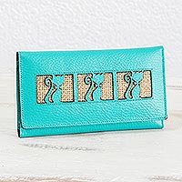 Leather wallet, 'Turquoise Kitty Cats' - Kitty Cat Jute Trim Turquoise Leather Wallet