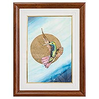 'Hummingbird over Gold' - Watercolor Hummingbird Painting with a Cedar Frame