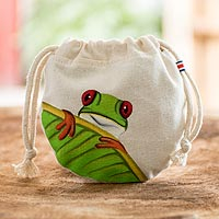 Cotton pouch, 'Red-Eyed Tree Frog' - Costa Rican Hand Painted Frog Theme Cotton Drawstring Pouch