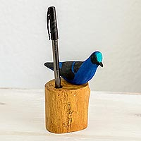 Wood pencil holder, 'Turquoise Honeycreeper' - Hand Carved 'Turquoise Honeycreeper' Bird Wood Pencil Holder