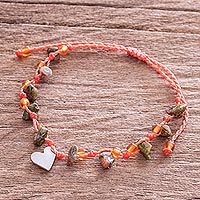 Unakite beaded charm bracelet, 'Melon Heart' - Beaded Unakite Charm Bracelet