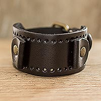 Men's faux leather cuff bracelet, 'Tamarindo Trend in Black' - Black Men's Bracelet in Faux Leather