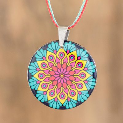 Mandala pendant necklace, Aqua Lotus