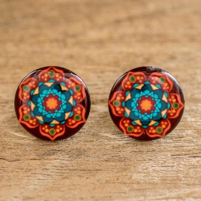 Mandala button earrings, Colors of Nature