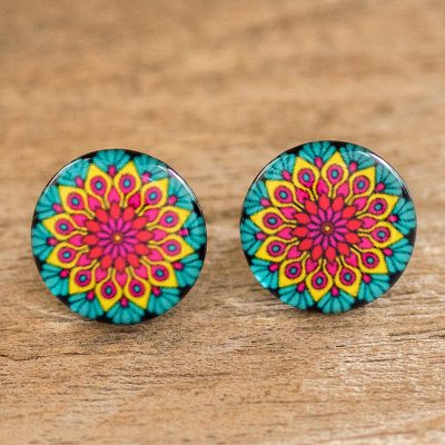 Mandala button earrings, Aqua Lotus