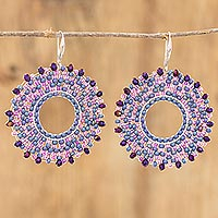 Glass beaded dangle earrings, 'Pink and Blue Halo' - Pink & Blue Glass Beaded Dangle Earrings from Costa Rica