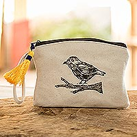 Canvas cosmetic bag, 'Pajarito Birdie' - Linocut Printed Cosmetic Bag With Tassel and Plastic Lining