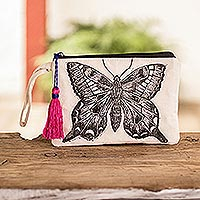 Cotton cosmetic bag, 'Monarch' - Block Print Cosmetic Bag