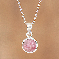 Rhodonite pendant necklace, 'Memorable Moon in Pink' - Natural Rhodonite and Silver Necklace