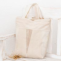 Cotton tote bag, 'Brilliant Cream' - Natural Cotton Tote Bag With Geometric Design