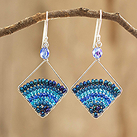 Beaded dangle earrings, 'Blue Beaded Rainbow' - Square Blue Beaded Dangle Earrings With Silver Hooks