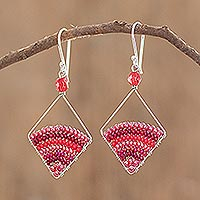 Beaded dangle earrings, 'Red Beaded Rainbow' - Red Beaded Dangle Earrings With Sterling Silver Hooks