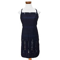 Cotton apron, 'Indigo Kitchen' - Indigo Blue 100% Cotton Apron with Geometric Designs